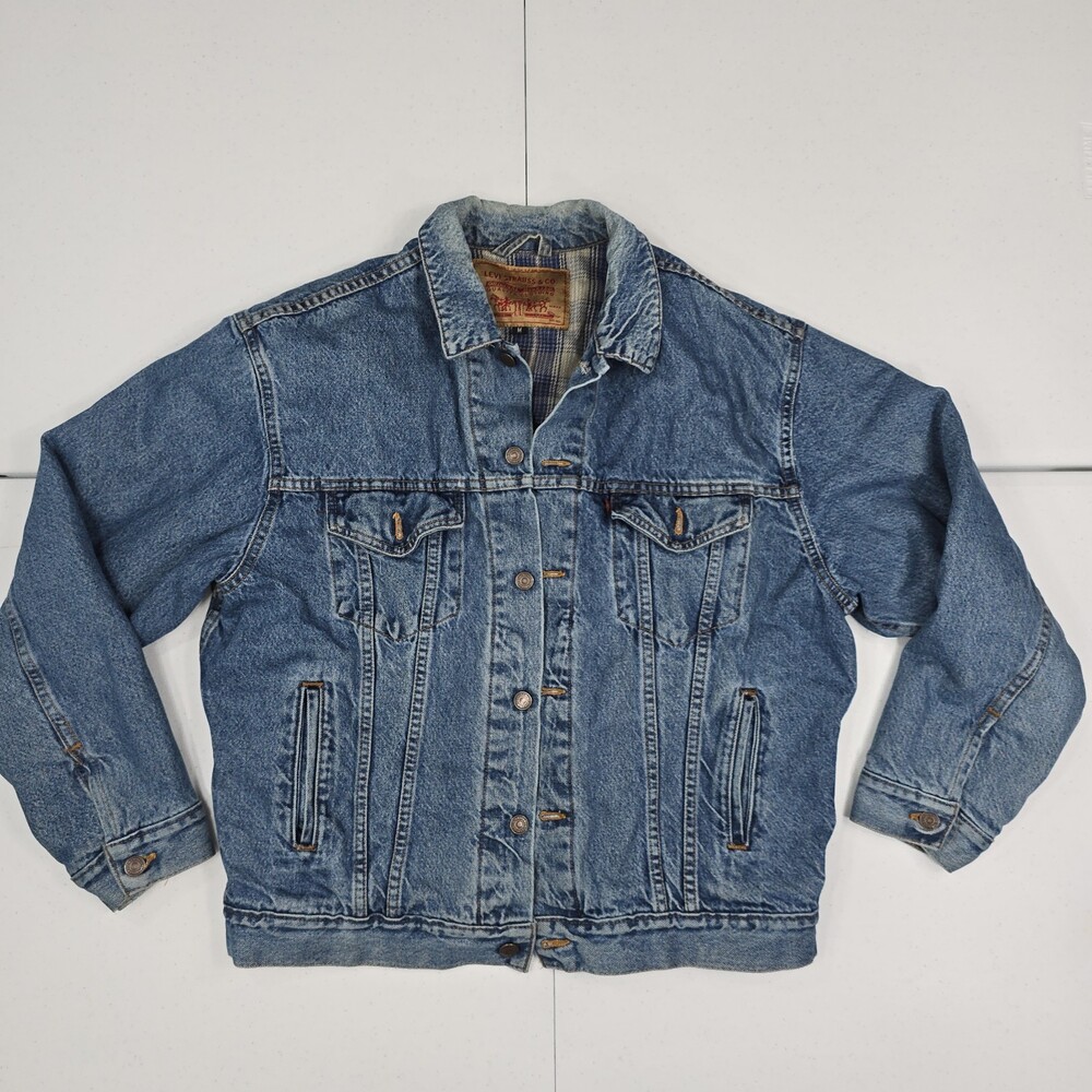 Vintage 90s Levi's M 70507-0389 Denim Jean Trucker Jacket Flannel Plaid USA Made